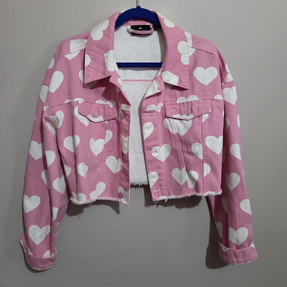 Lazy Oaf "All My Heart" Pink Heart Print Cropped Denim Jacket Medium